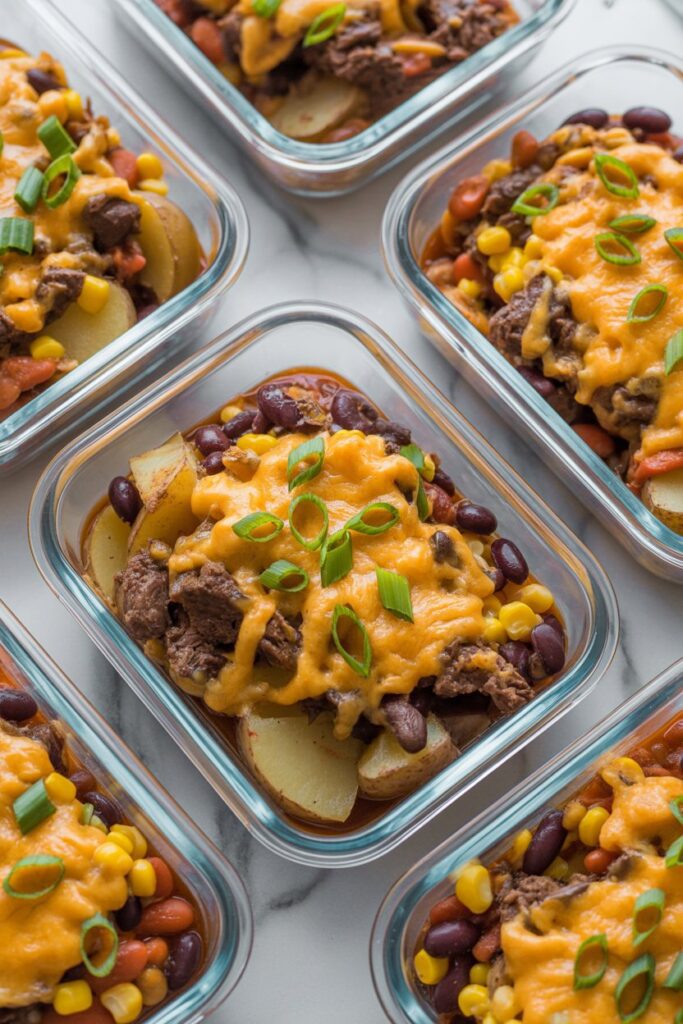 Glass meal prep containers filled with portions of cowboy casserole, topped with melted cheese and green onions, arranged neatly on a marble surface.