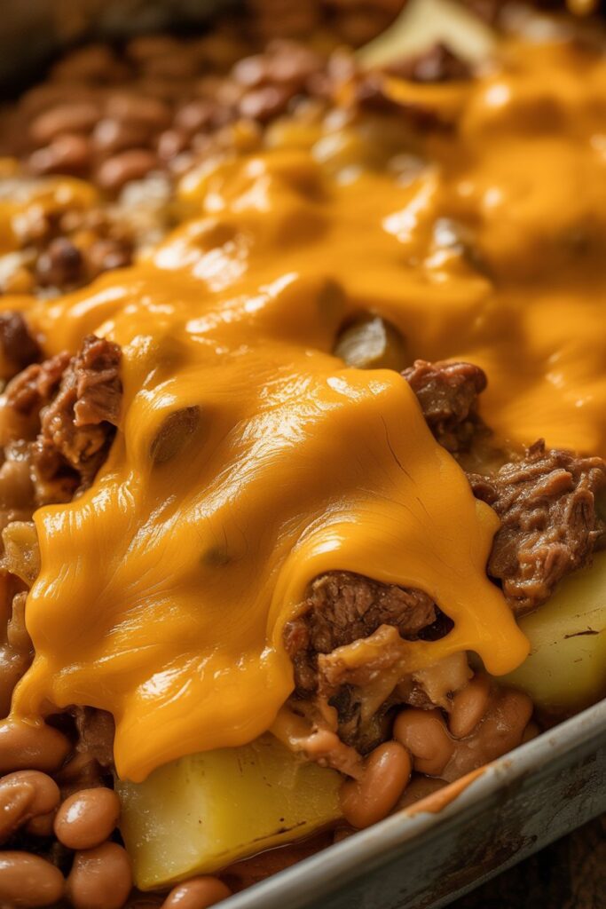 A close-up of melted cheddar cheese bubbling on top of a cooked cowboy casserole with beef, potatoes, and beans visible underneath.