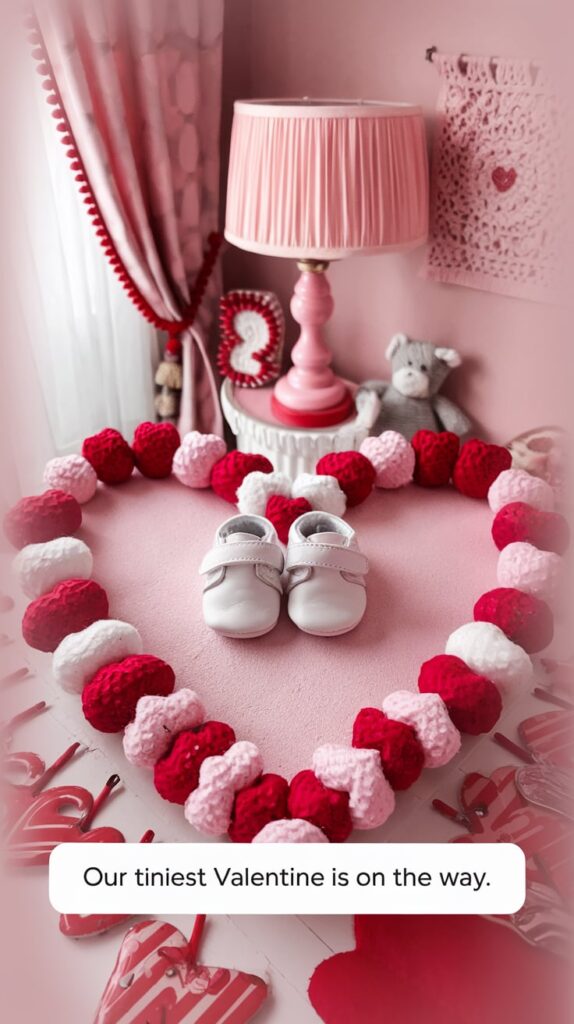 Tiny pair of baby shoes centered in a photo decorated with hearts, petals, and confetti