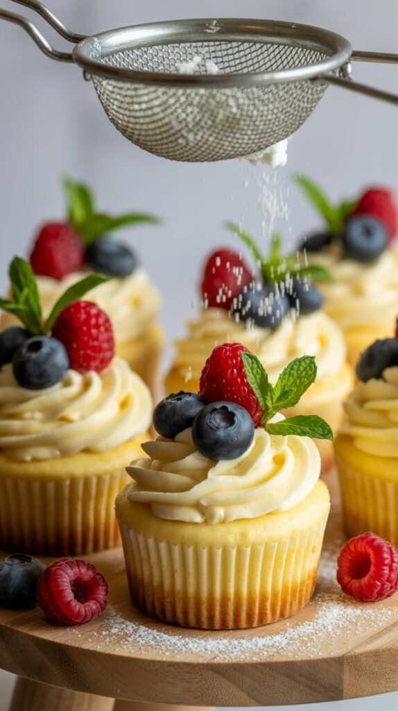 Mini cheesecake bites topped with smooth vanilla frosting, fresh blueberries, raspberries, and mint leaves, dusted with powdered sugar