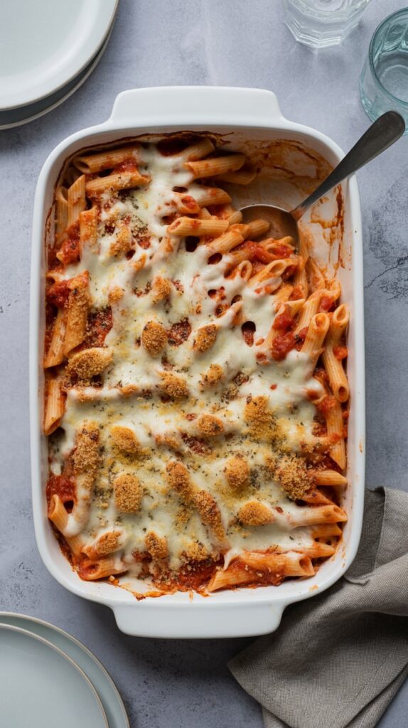 Baked ziti pasta in a white casserole dish topped with melted mozzarella cheese, breadcrumbs, and marinara sauce, served with plates and glasses on a light gray table.