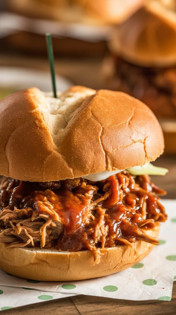 Pulled pork sandwich with smoky barbecue sauce on a soft bun, served on parchment paper.