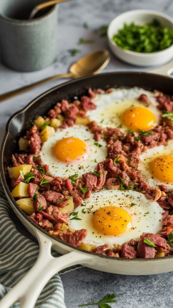 Breakfast-for-dinner skillet with sunny-side-up eggs, corned beef, and diced potatoes, garnished with parsley and freshly cracked pepper