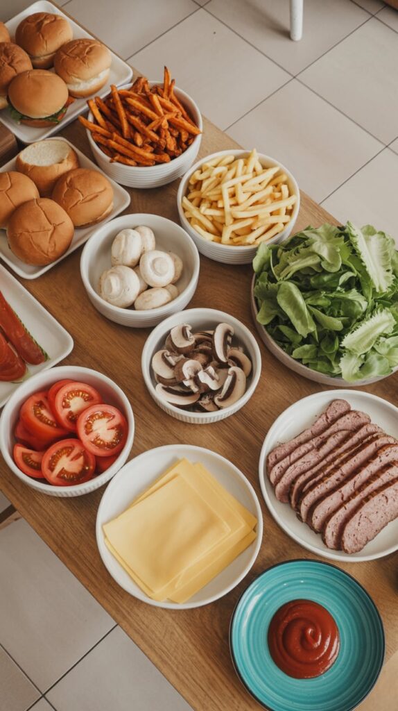 “Burger bar setup with bowls of lettuce, tomato, mushrooms, cheese slices, fries, and burger patties arranged on a wooden table with buns and ketchup.”