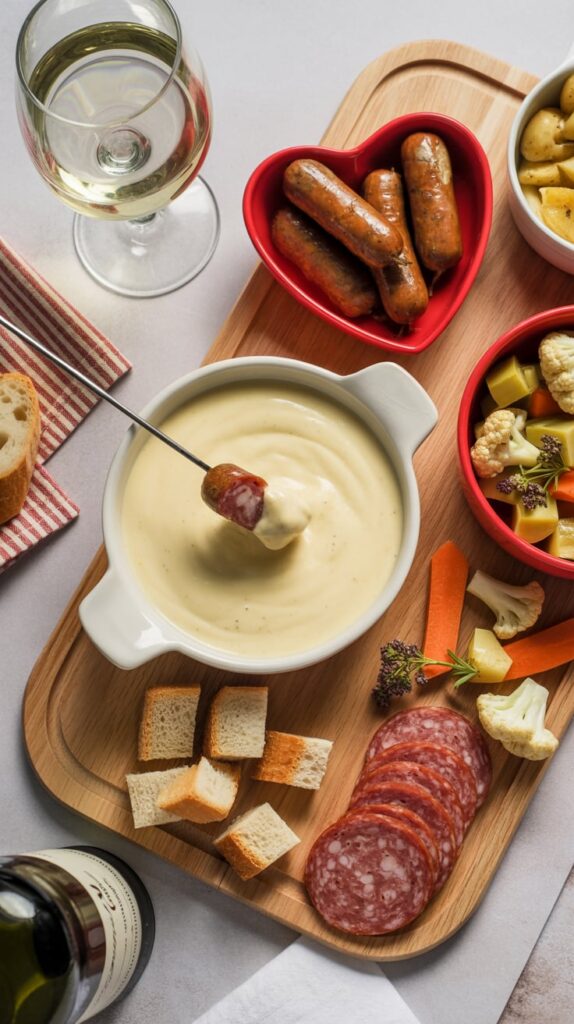 Cheese fondue platter with sausage, bread cubes, vegetables, and salami slices on a wooden board, served with a glass of white wine