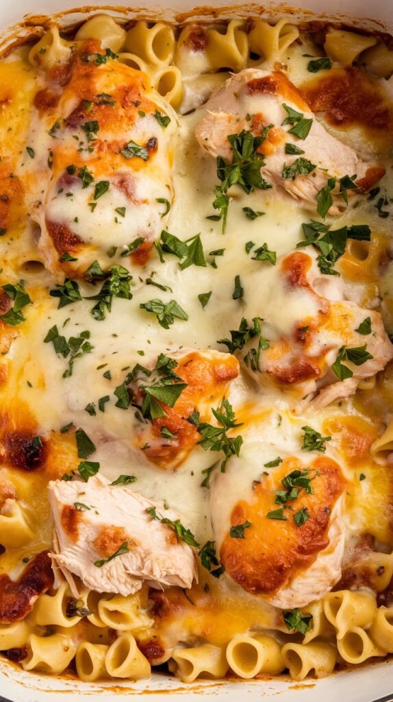 Baked chicken pasta casserole topped with melted mozzarella cheese and fresh parsley