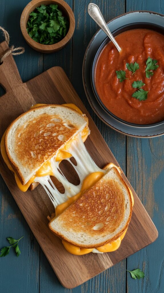 Classic grilled cheese sandwich with melted cheddar and mozzarella served on a wooden board beside a bowl of tomato soup topped with parsley