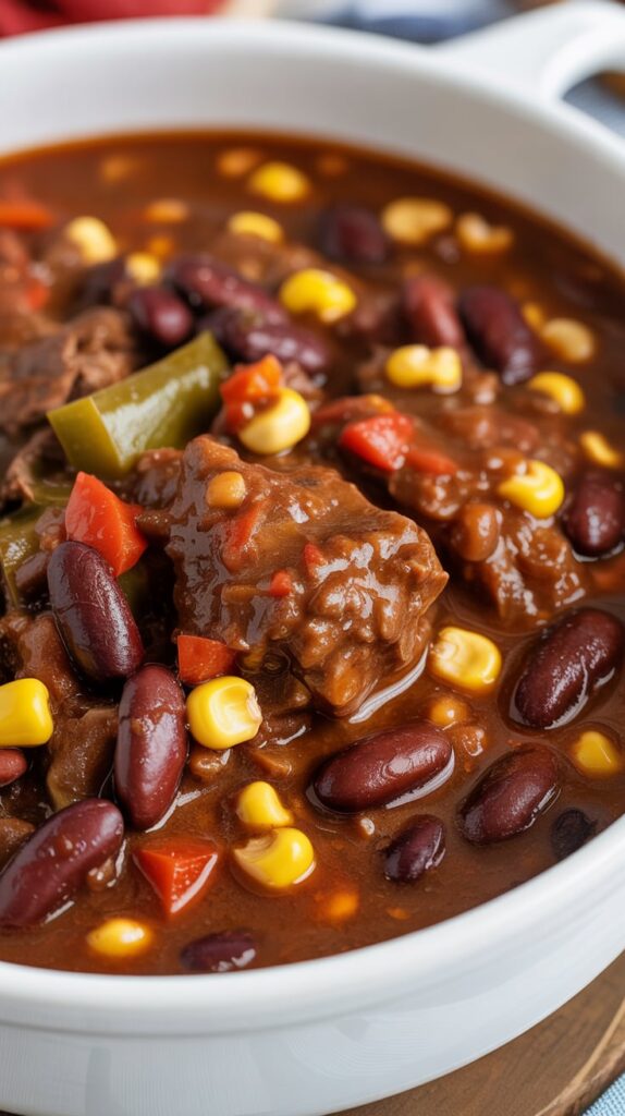 “Hearty beef and bean chili with corn, peppers, and tomatoes served in a white bowl.”