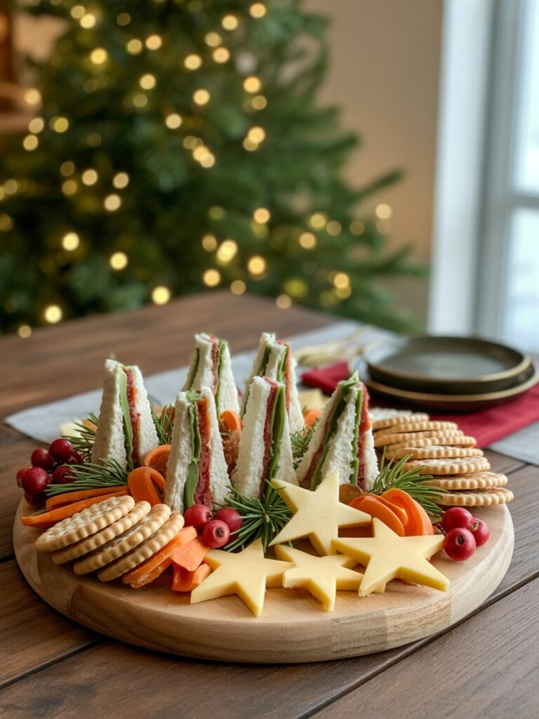 Holiday sandwich platter with layered finger sandwiches, star-shaped cheese slices, crackers, carrots, cranberries, and greenery, set in front of a Christmas tree with twinkling lights