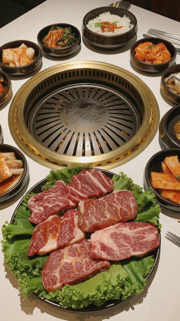 Korean barbecue setup with raw marinated beef slices on lettuce, surrounded by bowls of kimchi, rice, and side dishes around a built-in tabletop grill