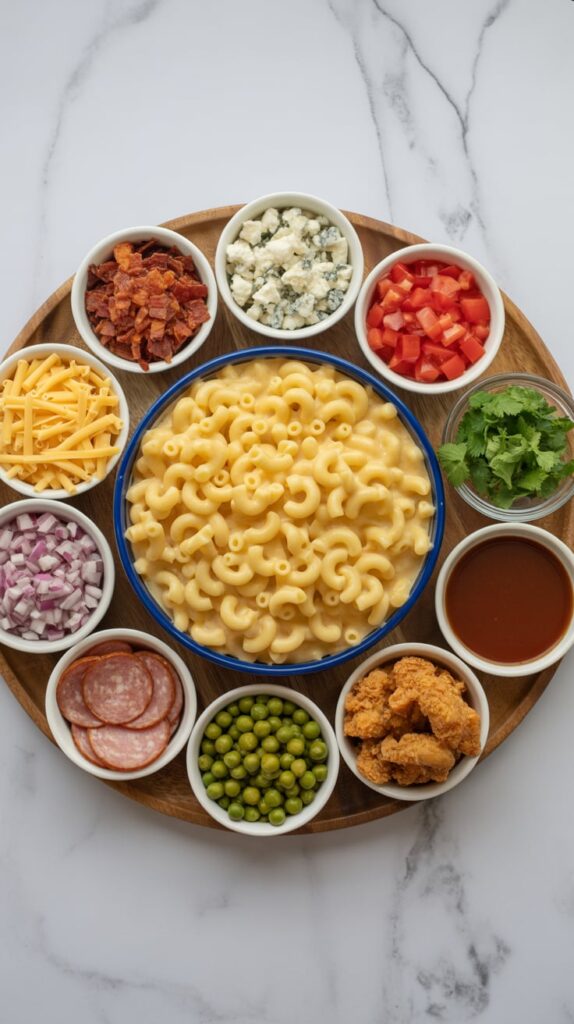 Mac and cheese bar with a central bowl of macaroni surrounded by small bowls of toppings including bacon, blue cheese, tomatoes, peas, fried chicken, salami, onions, shredded cheese, cilantro, and sauce