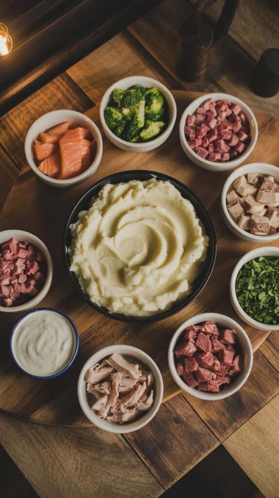 Mashed potato bar with assorted toppings including salmon, broccoli, diced meats, herbs, and sauces on a wooden board