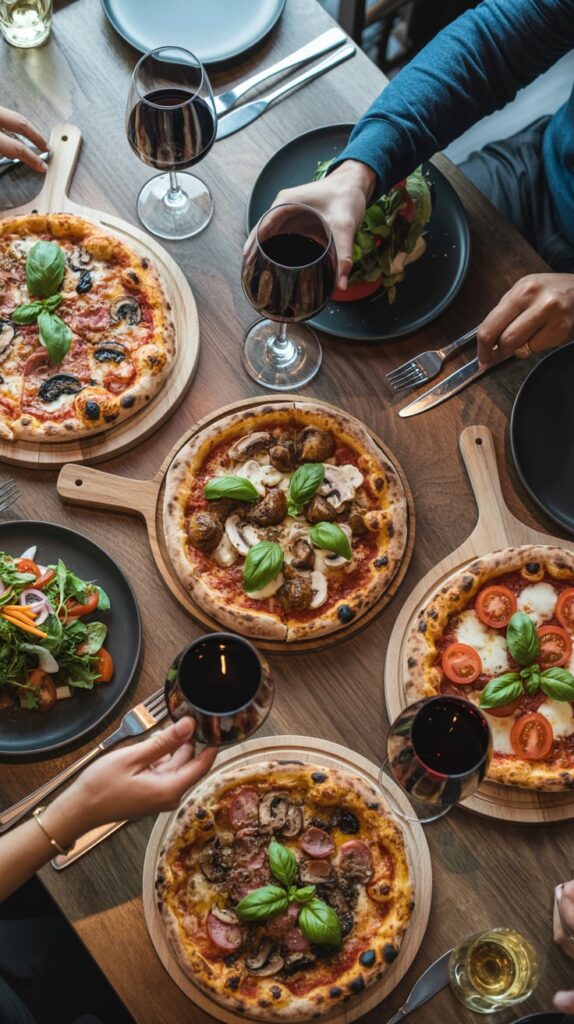 Cozy dinner table with several wood-fired pizzas topped with basil, mushrooms, and tomatoes, served with glasses of red wine and fresh salads.
