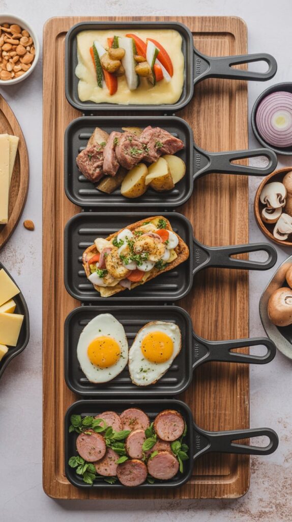 Mini cast iron pans filled with raclette combinations including melted cheese with vegetables, sausage, fried eggs, potatoes, and grilled meat.