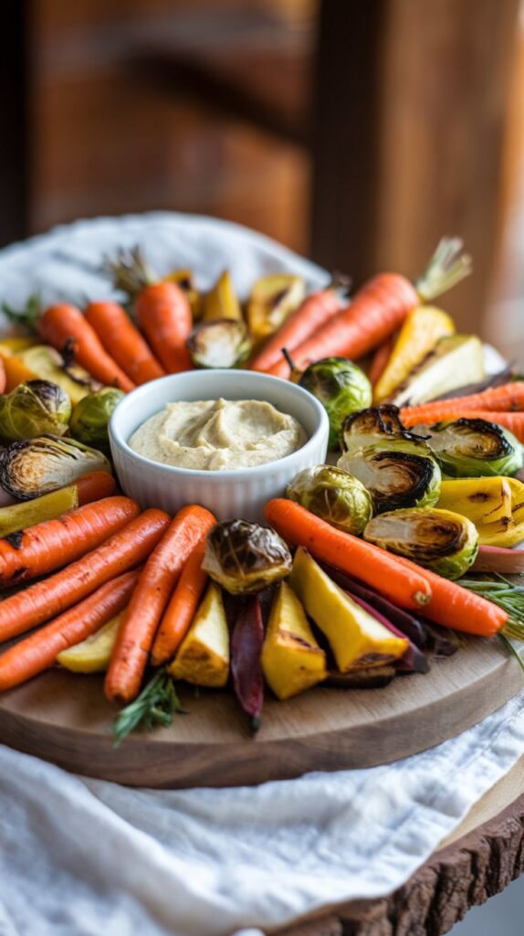 Wooden platter with roasted carrots, Brussels sprouts, and parsnips arranged around a bowl of creamy dip, served on a rustic linen cloth