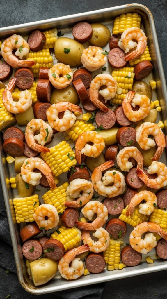 Sheet pan shrimp boil with corn on the cob, sausage slices, and baby potatoes garnished with parsley.