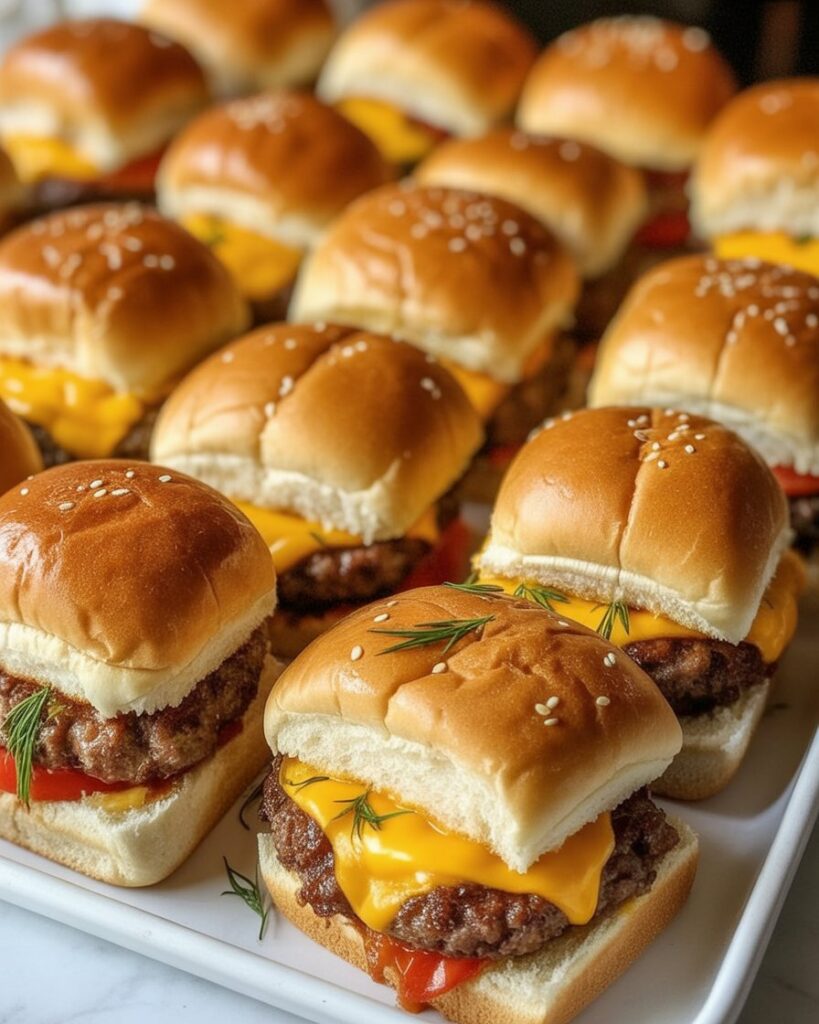 Tray of mini cheeseburger sliders with melted cheddar, beef patties, and sesame buns garnished with fresh herbs