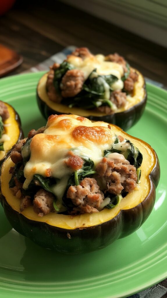 Roasted acorn squash halves stuffed with sausage, spinach, and melted cheese on a green plate