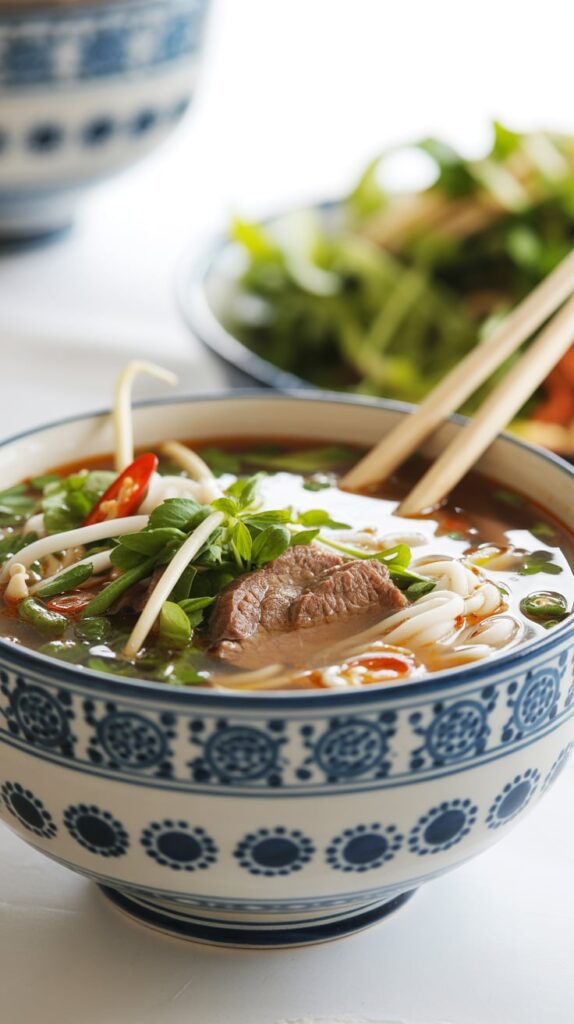 Bowl of Vietnamese pho with beef slices, rice noodles, bean sprouts, chili, and fresh herbs served with chopsticks.