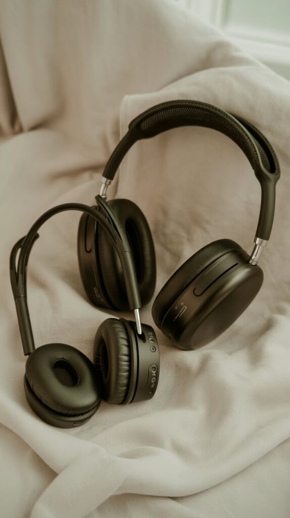 Side-by-side layout showing over-ear and in-ear headphones on a neutral surface.