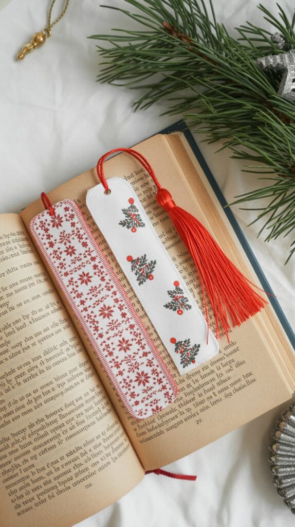 Holiday bookmarks with tassels and printed designs displayed on an open book.