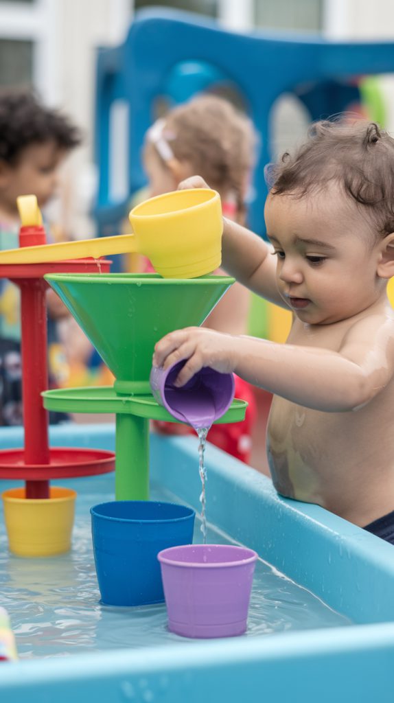 A water table with a collection of plastic funnels, PVC tubes, and colanders arranged at different heights, water cascading through them in a chain reaction while a toddler watches transfixed