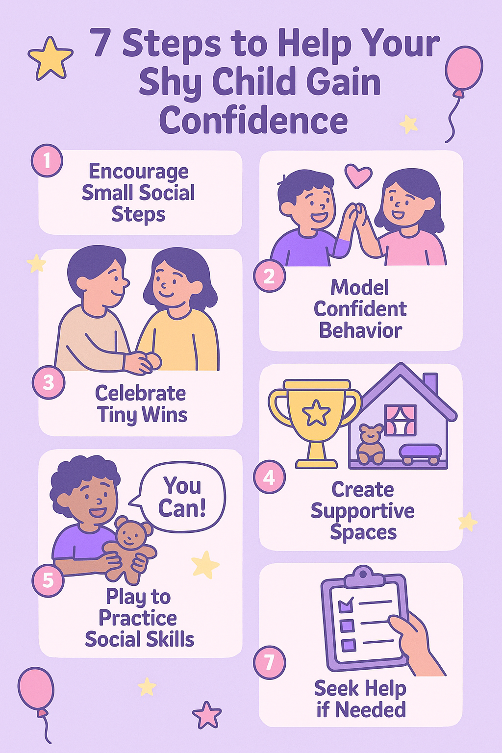 "Infographic showing 7 steps to help a shy child gain confidence, featuring playful cartoon icons like kids high-fiving, parents modeling confidence, celebrating small wins, creating supportive spaces, practicing social skills through play, using empowering language, and seeking professional help."