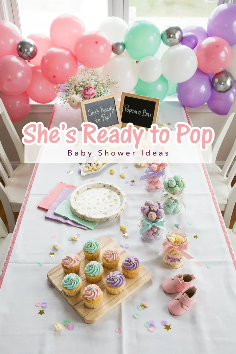 A vibrant overhead shot of a pop-themed baby shower setup featuring balloon garlands, confetti, playful signage with "She's Ready to Pop" text, and coordinated table decor. Mood: celebratory and bright, with at least 3 distinct color palettes visible. Text overlay: "She's Ready to Pop Baby Shower Ideas"