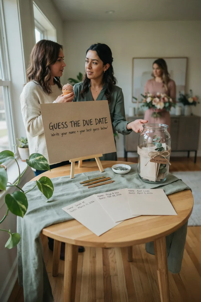 A table set up with cards and pens, a "Guess the Due Date" sign, a decorated box or jar, and sample guess cards displayed. Cozy, interactive setup. Guests mingling around the station.