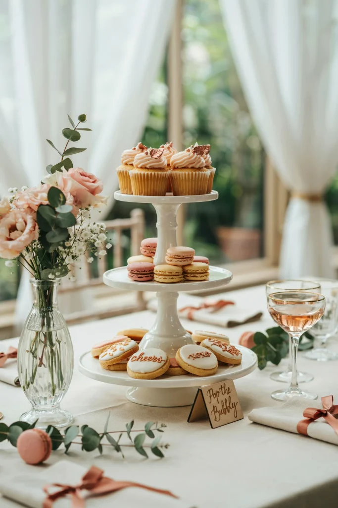 A dessert table featuring a tiered stand or multiple heights of cupcakes, macarons, and cookies in blush pink and rose gold accents. "Pop the Bubbly" or pop-themed signs. Soft lighting. Elegant and Instagram-ready.
