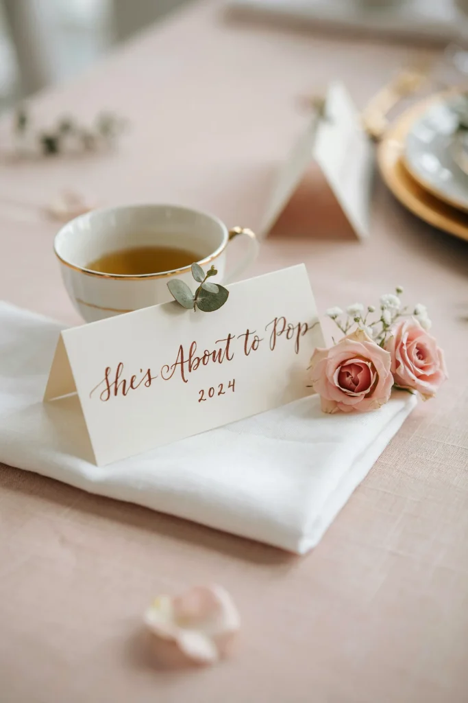 A close-up of a table setting with a custom place card reading something like shes ready to pop