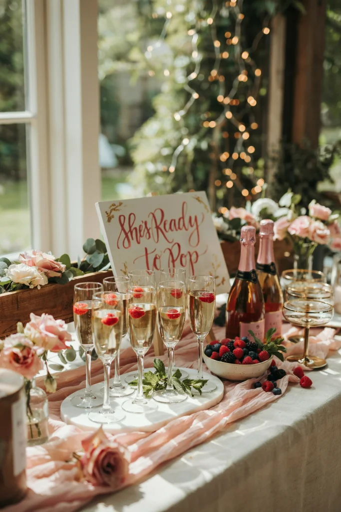 A decorated beverage station with champagne flutes, prosecco bottles, a "Pop Fizz Clink" or "She's Ready to Pop" sign, fresh berries, mint sprigs, and metallic accents. Soft-focus background with coordinated linens and flowers. Celebration ready.