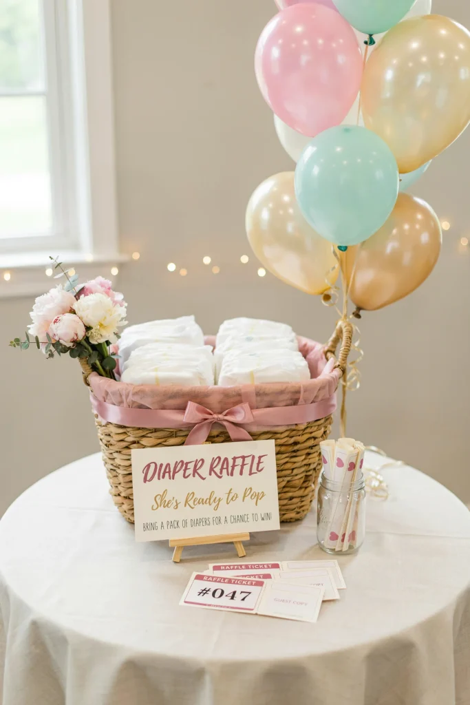 A beautifully decorated box or basket clearly labeled "Diaper Raffle" or "She's Ready to Pop Diaper Drive." Decorated with balloons, ribbon, flowers, and signage. Guests can see sample raffle tickets displayed. Festive and organized.