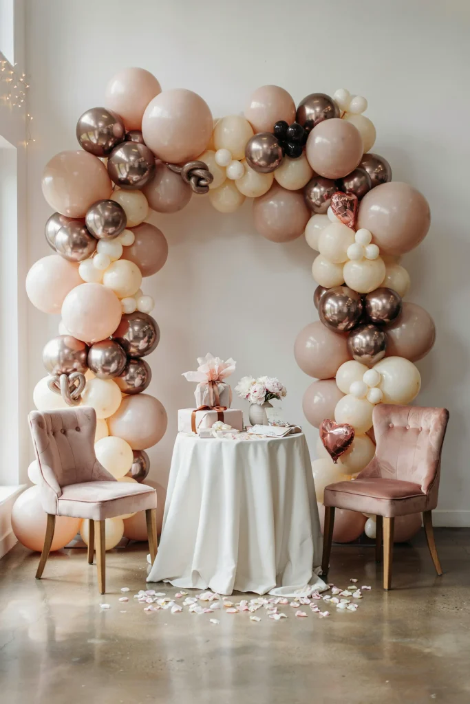 A floor-to-ceiling balloon garland installation in coordinated blush pink, rose gold, and cream balloons, featuring various sizes and finishes (matte, metallic). The garland is installed as a dramatic backdrop behind a gift table or seating area. Soft, romantic mood. Clean white wall visible between balloon clusters.