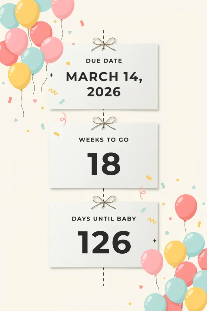 A series of signs or banners displaying the due date, weeks remaining, and celebration countdown. Signs arranged on a timeline displayed on a wall or table. Modern, clean typography. Incorporates the pop theme with visual elements like balloons or confetti.