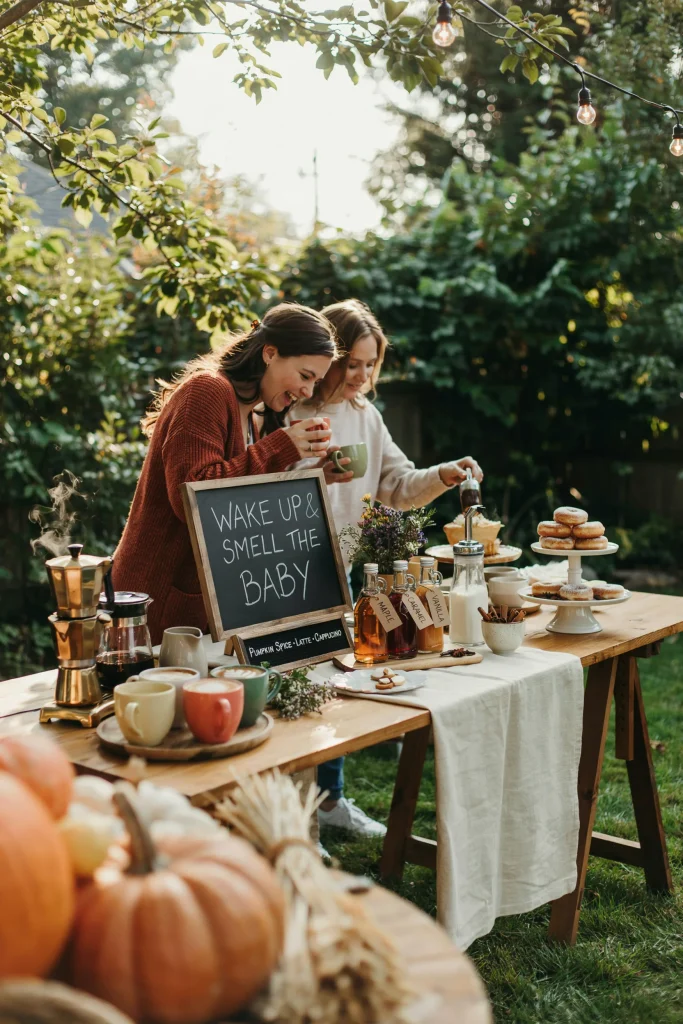 A beverage station with a coffee setup, featuring mugs, syrups, whipped cream, a "Wake Up & Smell the Baby" or pop-themed coffee sign, and cozy fall or warm-weather aesthetic depending on shower season. Guests mingling with mugs in hand.
