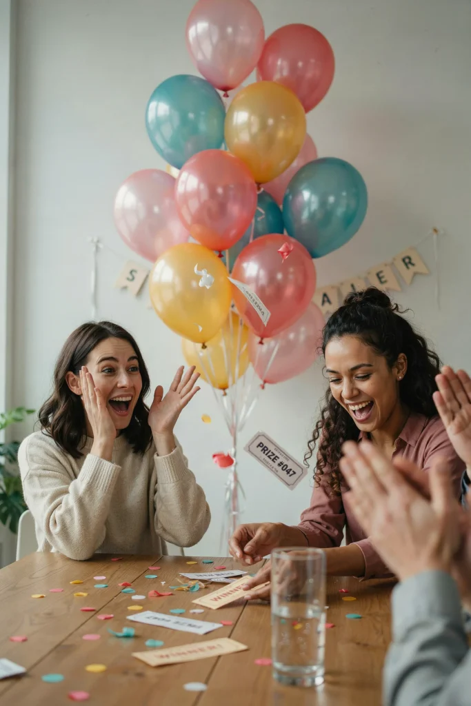 A cluster of balloons in coordinating colors. Some have been popped, revealing tickets or prize slips inside. Confetti visible on the table. Excited or surprised expressions visible. Action-focused moment.