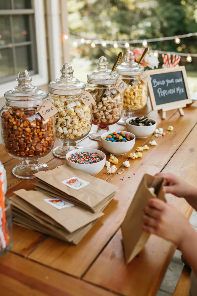 A popcorn bar setup with several types of popcorn (caramel, white chocolate, cinnamon sugar, plain butter), candy toppings in small bowls (sprinkles, mini M&Ms, crushed cookies), scoops, and brown paper bags decorated with pop-themed labels. Guests can create their own mix.