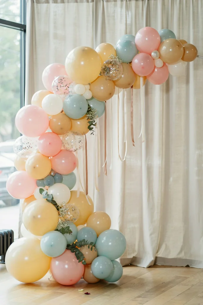 A balloon arch or garland installation in soft monochromatic pastels—pale pink, soft yellow, cream, pale blue, pale green—creating a dreamy, cohesive look. No bold colors. Romantic and gentle aesthetic. Layered textures visible.