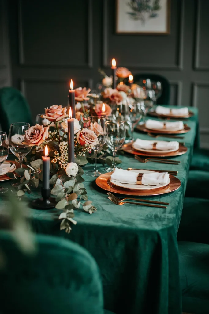 A table set with deep emerald linen, rose gold charger plates, white napkins with rose gold napkin rings, and a low floral arrangement featuring blush roses, eucalyptus, and white flowers. Candlelight. Sophisticated and unexpected.