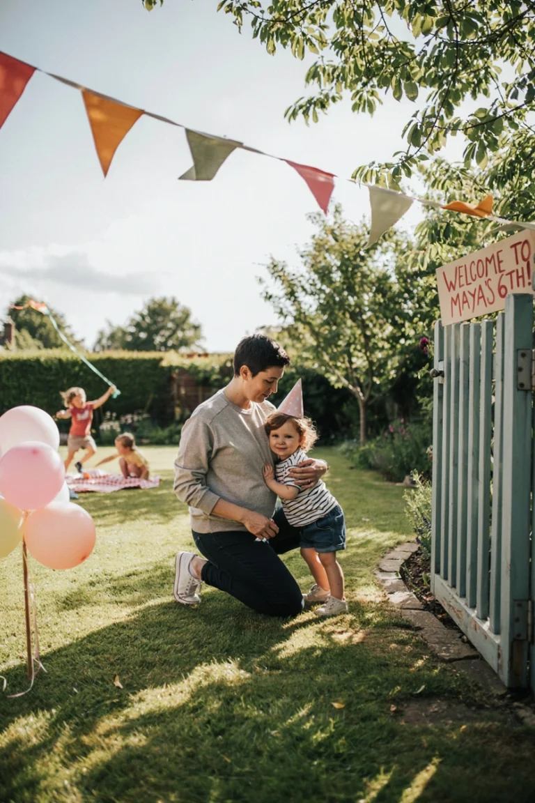 A parent kneeling beside a shy child at a birthday party entrance, hand gently on their shoulder, child peeking out but smiling slightly. Warm, natural light.