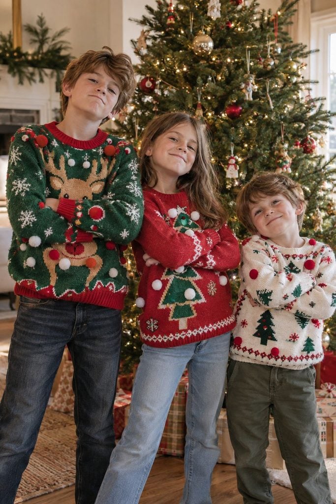 Siblings posing in ugly Christmas sweaters