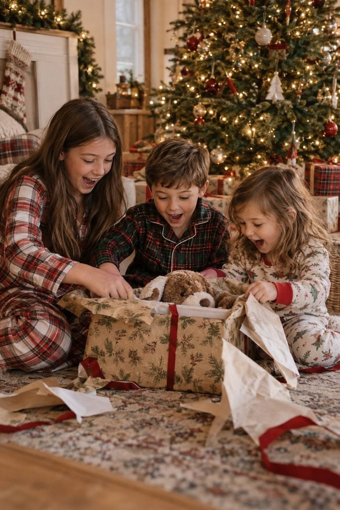 Siblings excitedly opening a Christmas Eve present