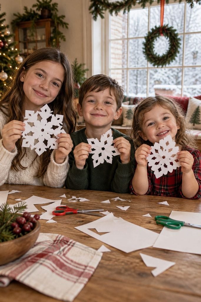 Siblings holding up handmade paper snowflakes