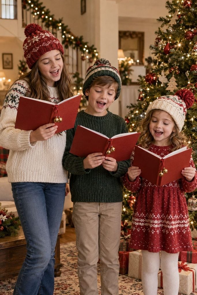 Siblings singing Christmas carols while holding songbooks