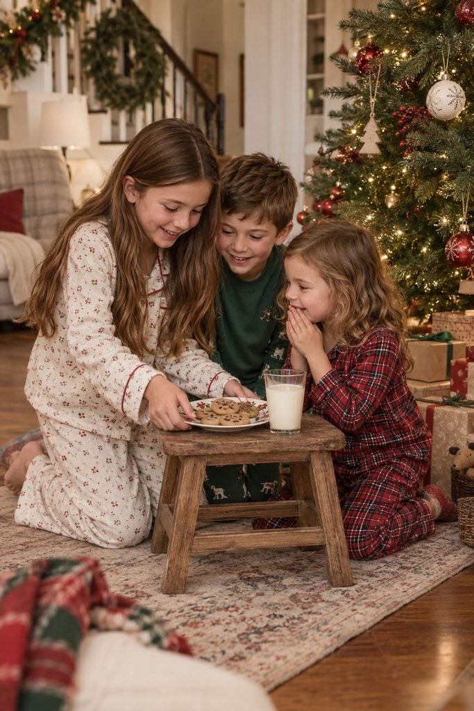 Siblings setting out milk and cookies for Santa by the fireplace