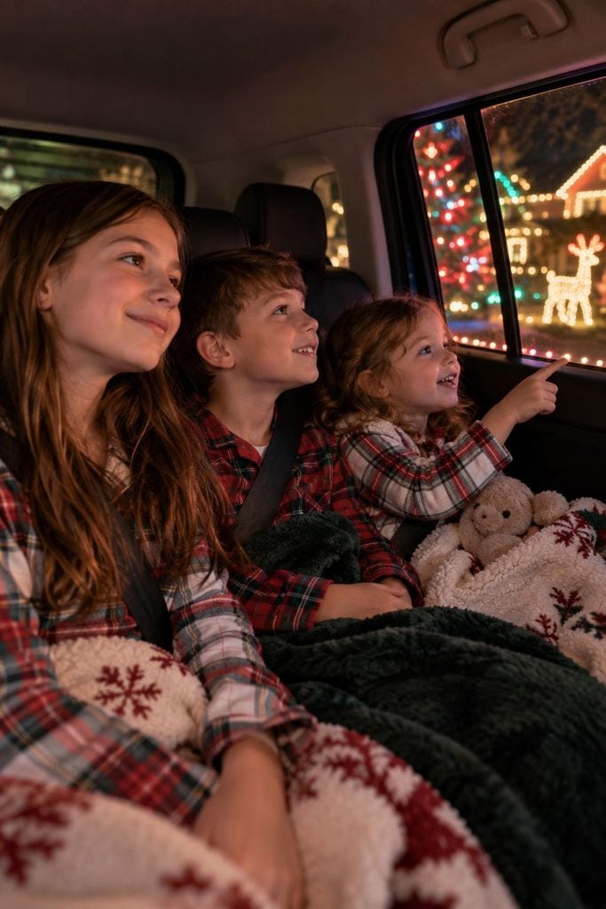 Siblings in pajamas in the back seat looking out at Christmas lights