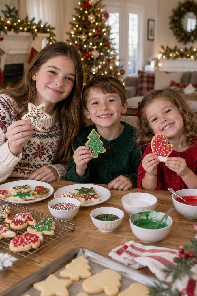 Siblings decorating Christmas cookies together at the kitchen table
