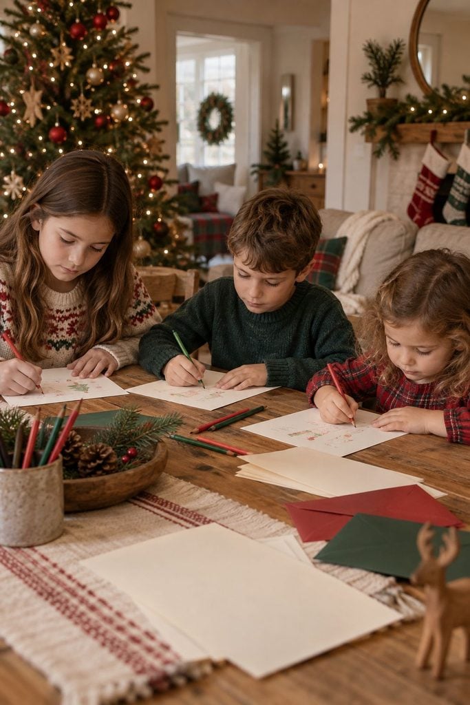 Siblings writing letters to Santa at a table