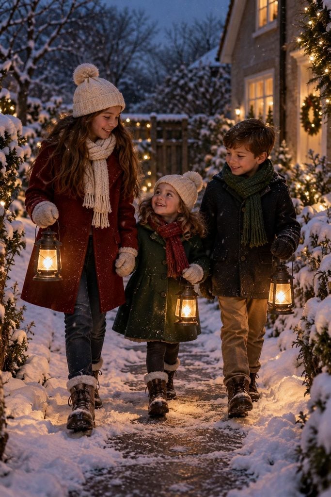 Siblings walking at dusk holding glowing lanterns in the snow